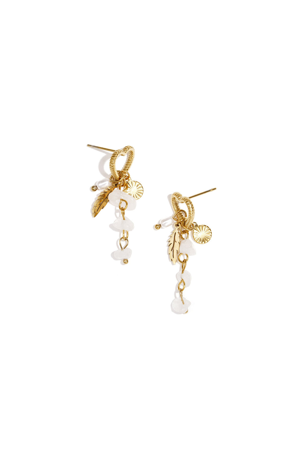 Heart earrings with pearl pendant, white stones and feather