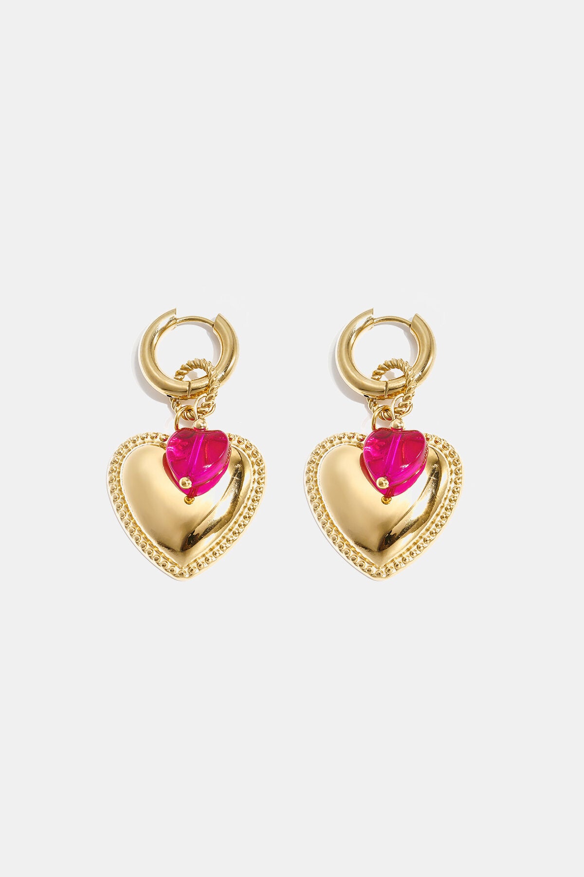 Hoop earrings with heart pendant and bead on ring