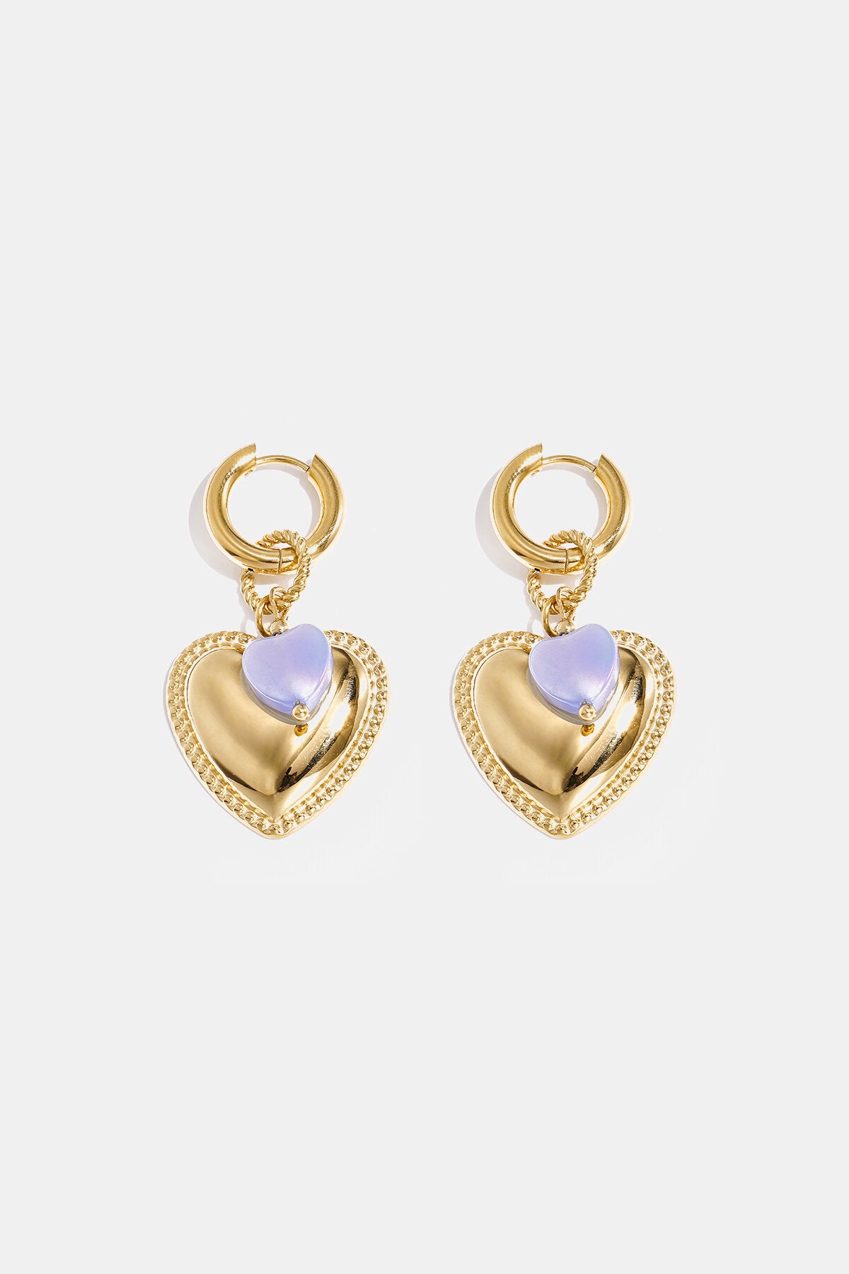 Hoop earrings with heart pendant and bead on ring
